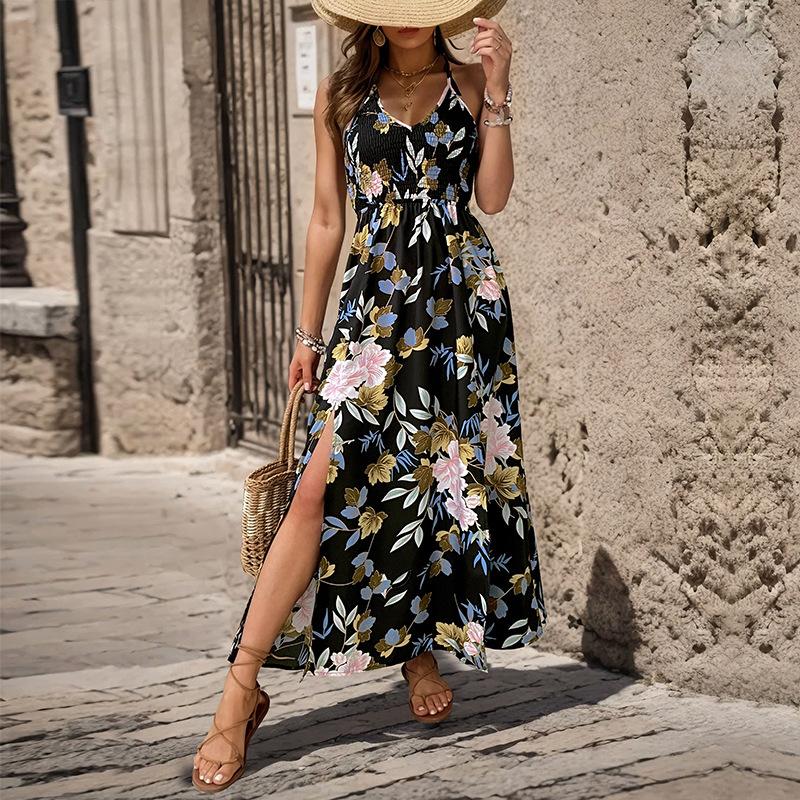 2026 summer new printed A-length skirt split suspender halter dress S чёрный