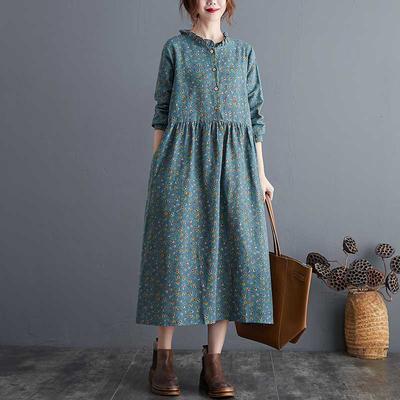 Lange Mouw Katoen Linnen Ruches Vintage Bloemenpatroon Jurken voor Dames Casual Los Lente Herfst Jurk Elegante Kleding