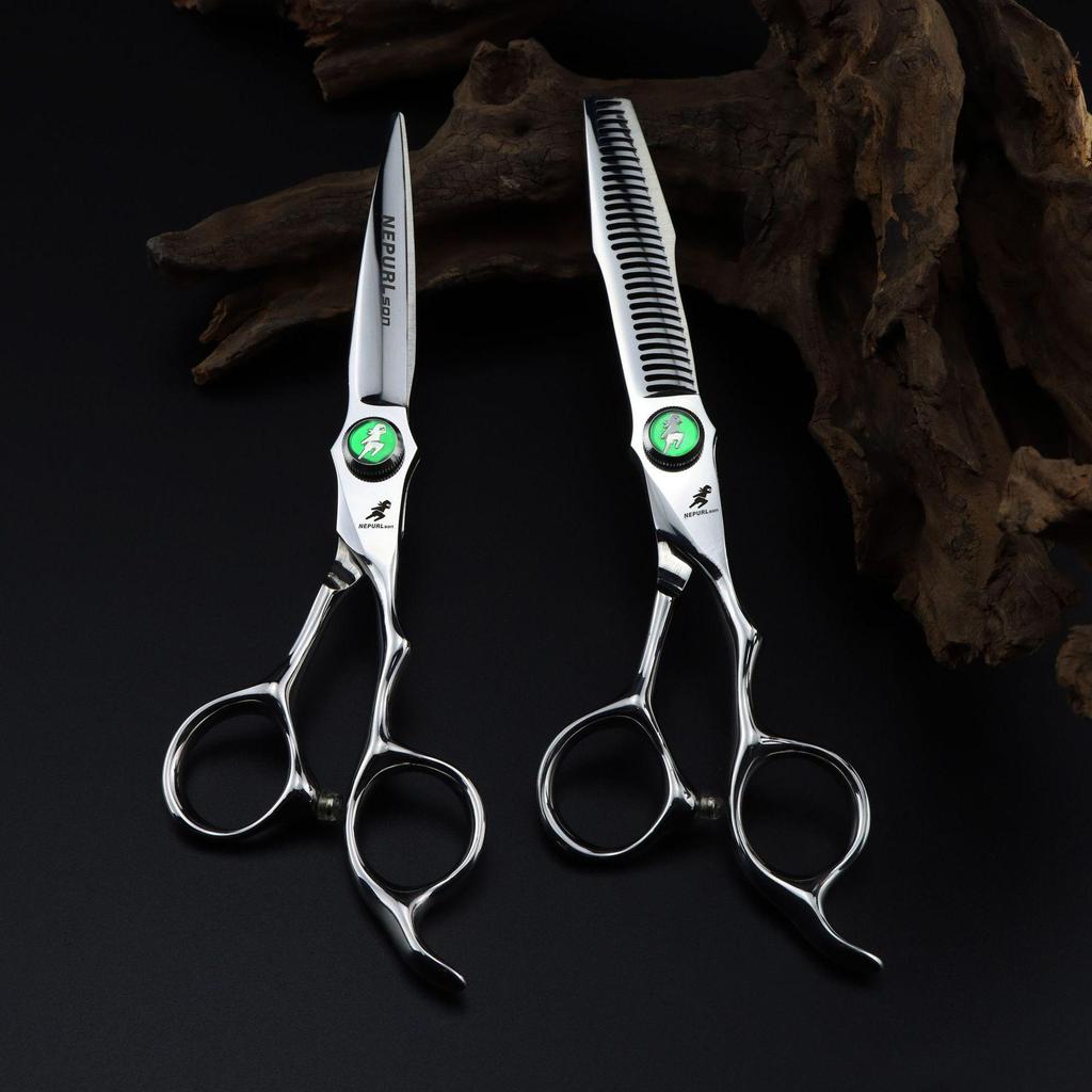 6.0-Inch Serrated Green Gem Hairdressing Scissors - Straight Shears with Antler Fishbone Design