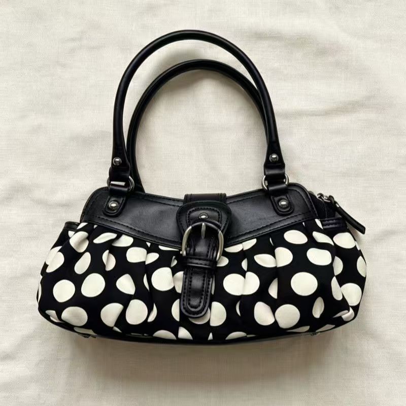 Retro Y2k Polka Dot Motorcycle Underarm Bag Stylish Women's Belt Buckle Design Shoulder Bag Niche Rivet Patchwork Design Handbag