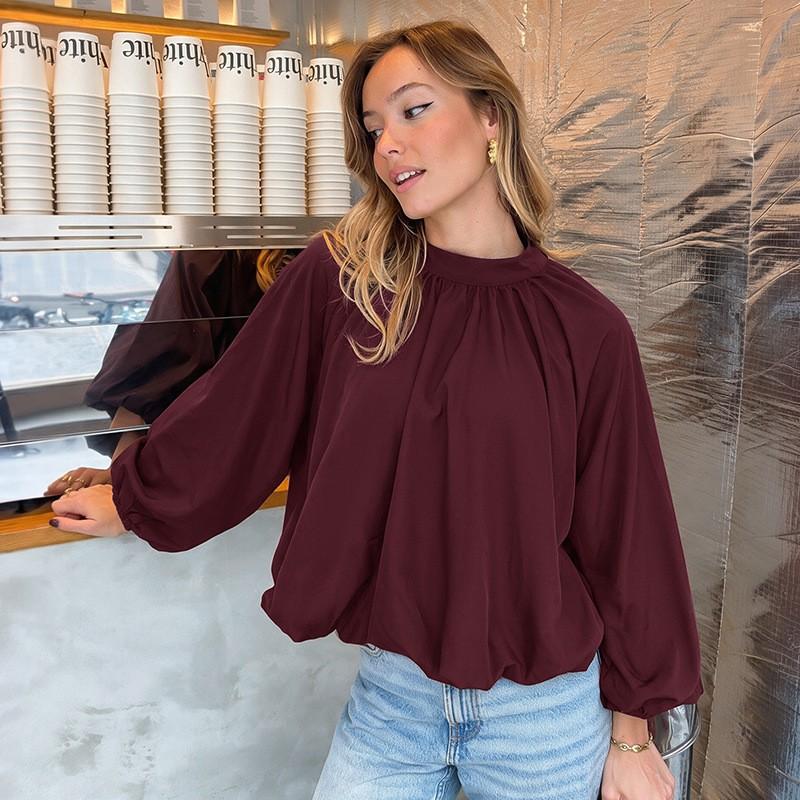 Womens Loose Long Sleeve Blouse With Back Tie Cutout Detail Semi-High Neck Winter 2026