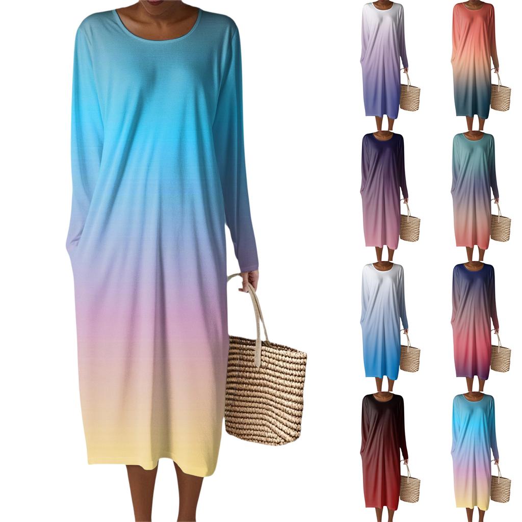 Women's Fashion Casual Long Sleeve Gradient Round Neck Pocket Elegant Temperament Dress