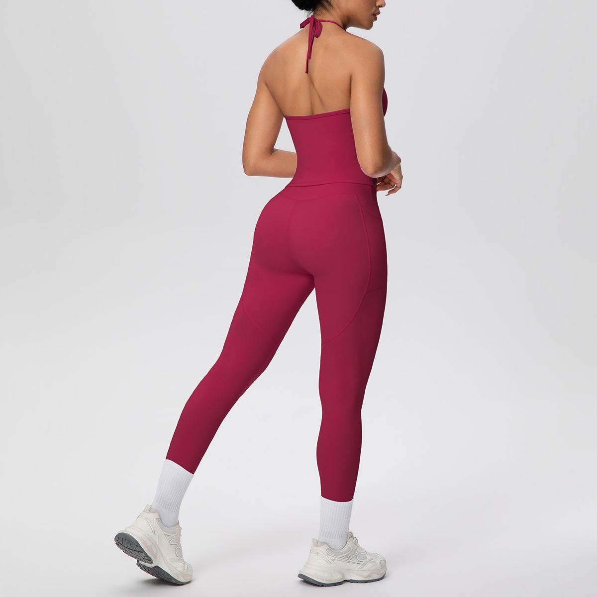 

Solid Color Yoga Wear Set: Halter Neck Tank with Tummy Control and Bare Feel Yoga Pants for Running and Fitness Extra Large