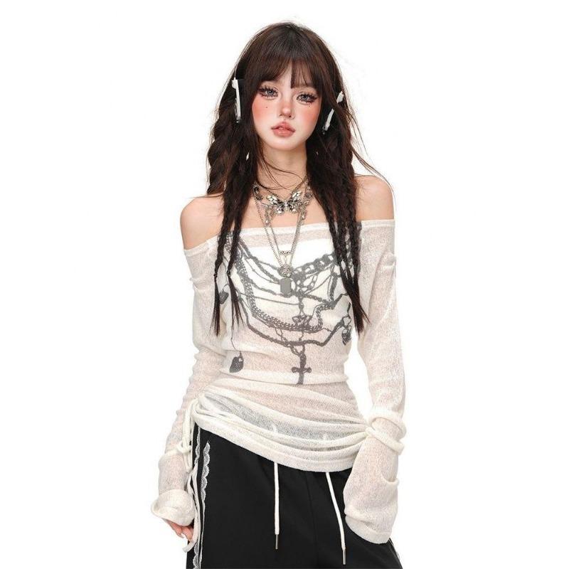 2KWEIRD Japanese Y2k Knitted Tops Grunge Tattoo Print Long Sleeve T-shirt Ribbed Vintage Harajuku Shirring Knitwear 2000s Gothic