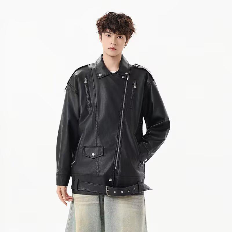 

Men s Oversized PU Leather Jacket - Korean Style, Autumn/Winter Motorcycle Cool Scoundrel Design XL чорний