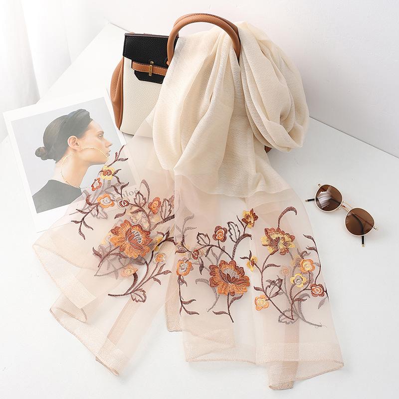Four Season silk wool scarf women hijab pashmina shawls wrap Luxury Bandana Floral Pashmina Embroidery Scarves Foulard Fashion