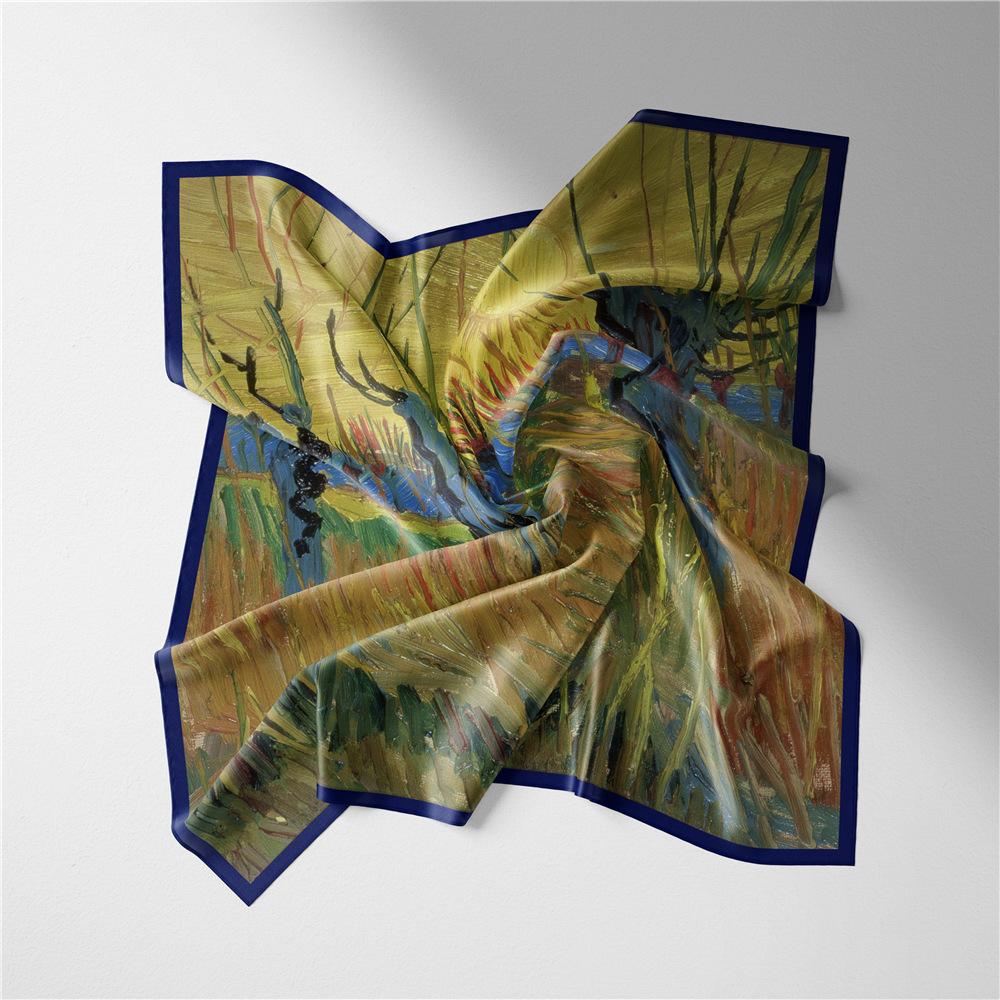 53CM Silk Scarf Woman Sunset Willow Design Square Scarves Wraps Bandana Small Hijab Foulards Tie Headband Neckerchief