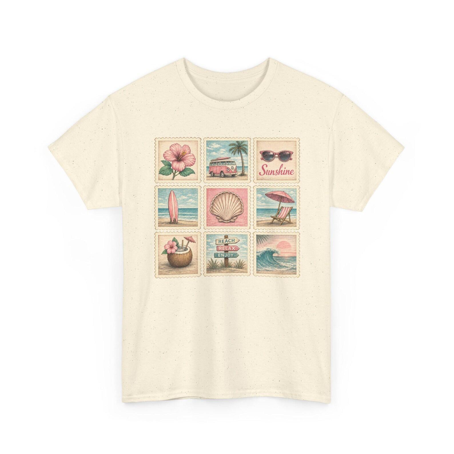 Sunshine Beach Stamps T Shirt Vintage Coastal Summer Graphic Tee Vacation Aesthetic Shirt 4XL