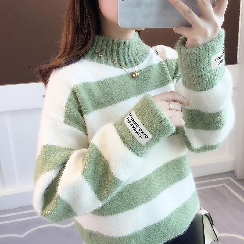 

Chenier sweater autumn and winter loose outer wear casual imitation mink semi-turtleneck contrasting striped sweater women s explosion 48-42 (average size) зелений