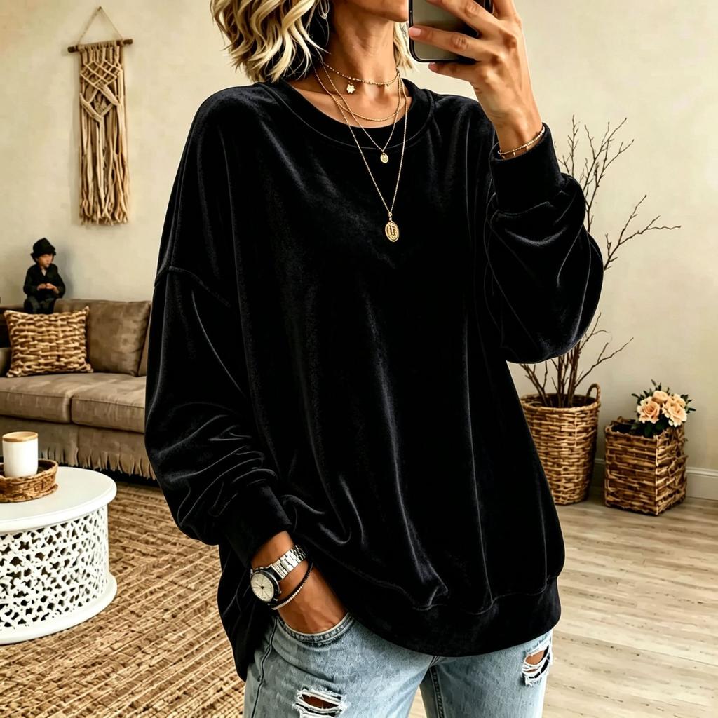 Women S Long Sleeve Solid Color Casual Crew Neck Velour Sweatshirt