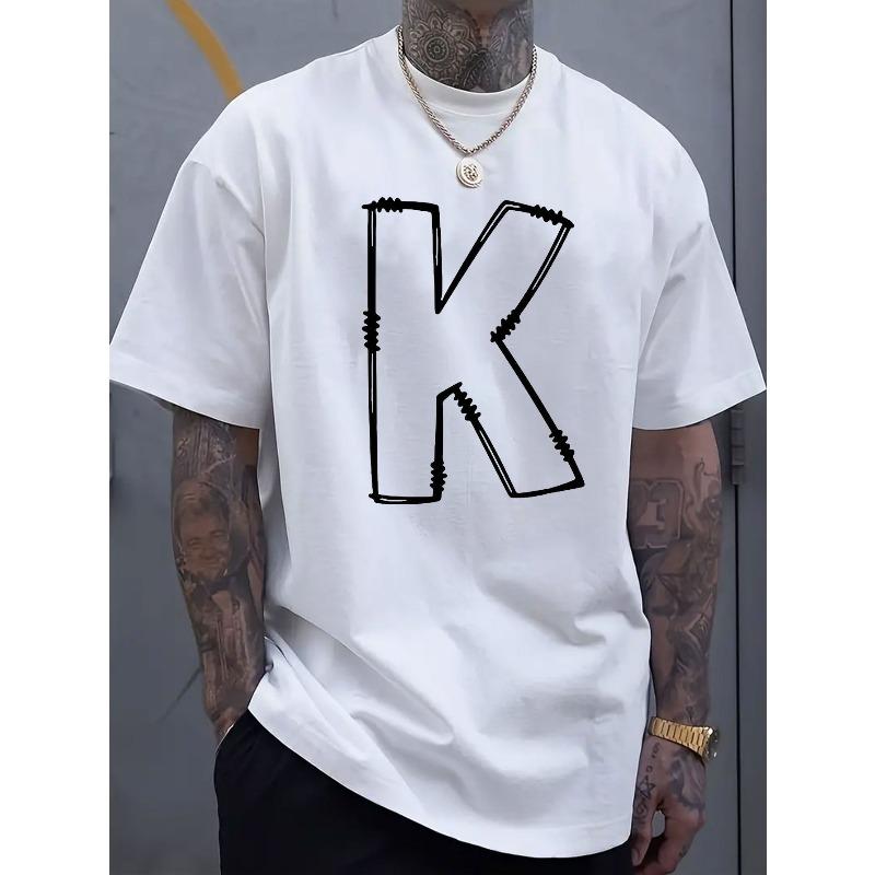 

European sizes [K-Letter Printed T-Shirt] Comfortable K-Letter Printed Round Neck T-Shirt - Breathable Casual Sports Top 4XL білий