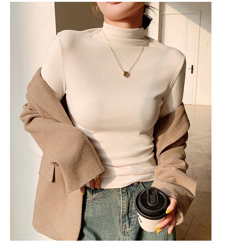 H679 Women's Slim Fit Half-High Collar Long-Sleeve Solid Color Warm Top for Autumn/Winter