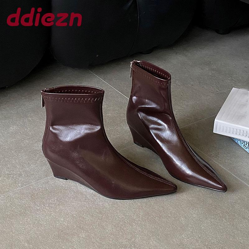 Fashion Pointed Toe Modern Ladies Ankle Boots With Wedges Shoes Fashion Elastic Women Short Stretch Boots Female Zippers Shoes