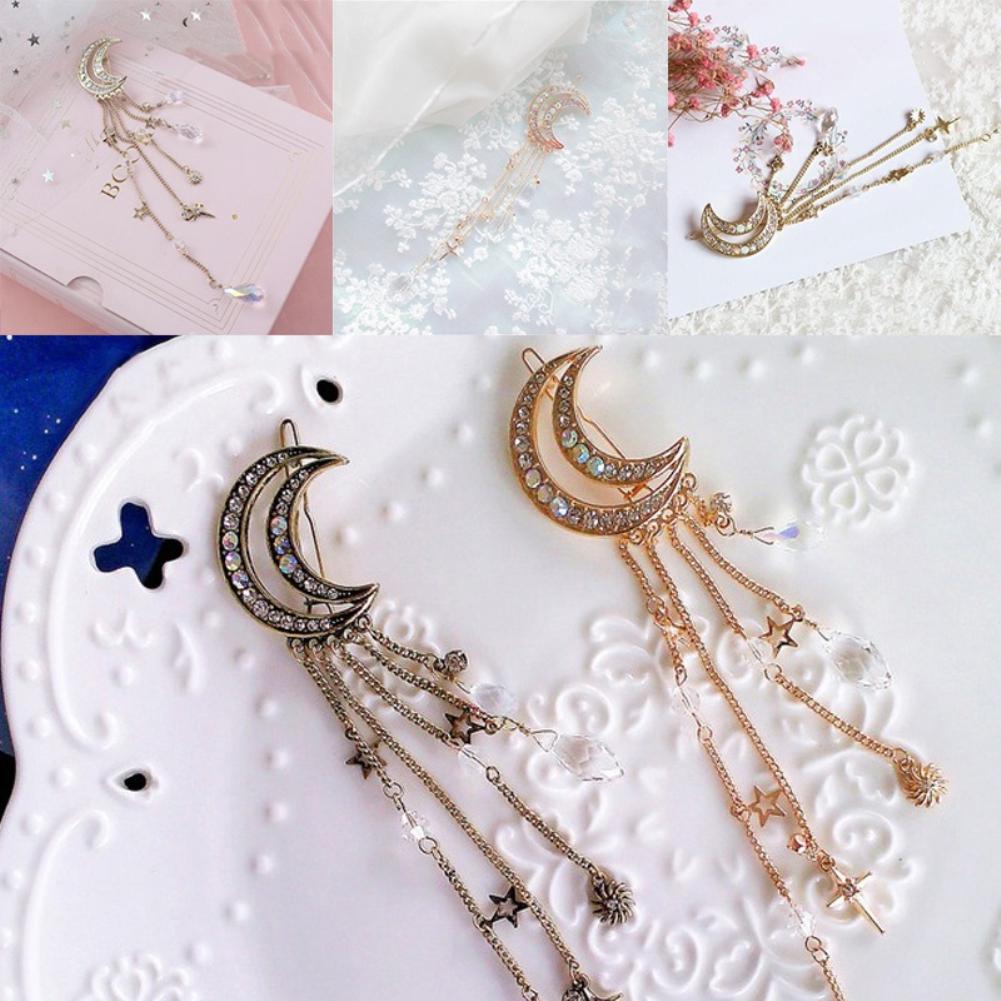 Retro Moon Rhinestone Tassel Beads Dangle Spinka do włosów Spinka do włosów damska Biżuteria ślubna