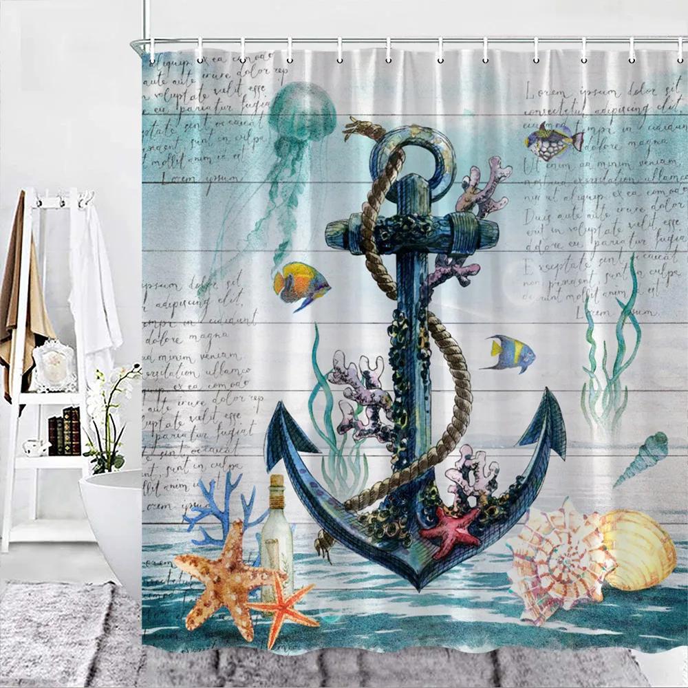 Sea Turtle Theme Shower Curtain Set Wooden Board Coral Water Plants Bubble Sea Life Bathroom Curtain Fabric Decor Washable Hooks