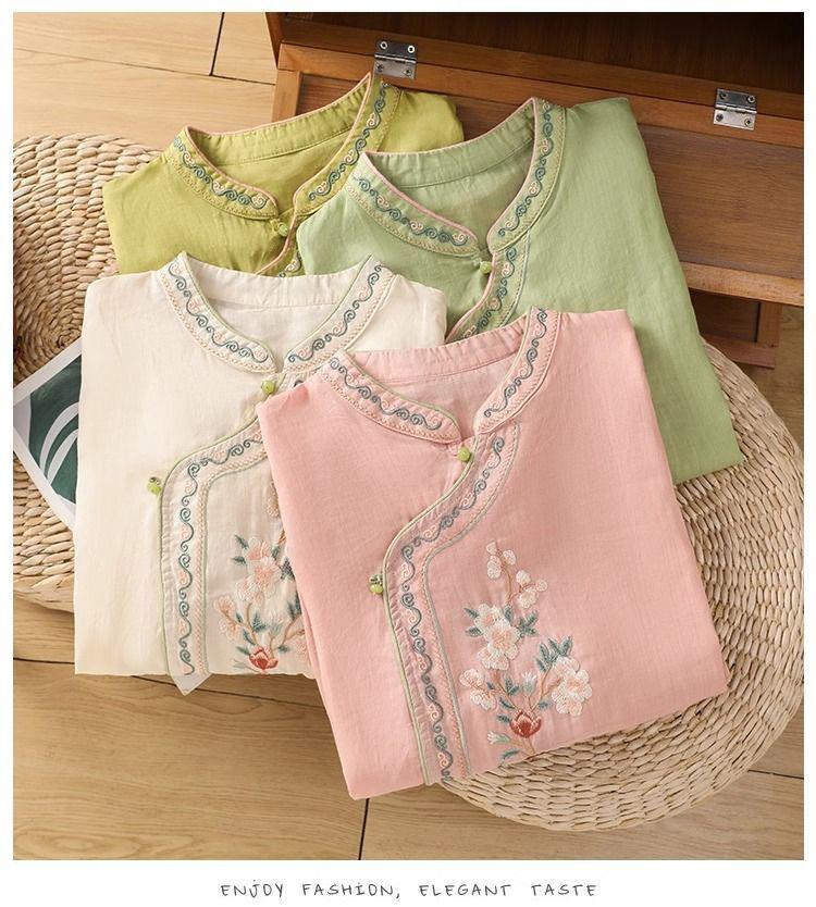Women's Ethnic Embroidered Chinese Style Cotton-Linen Shirt with Frog Buttons and Seven Sleeves