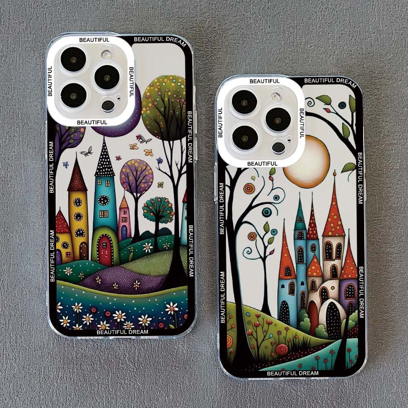 Hand Painted Forest House Clear Phone Case For Iphone 13 12 Pro Max 15 14 Pro Max Plus 11 X XR XS 7 8 Plus SE2 Transparent Cover