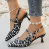 Fashion Leopard Heeled  Women Sandals Sexy Mid Heels Shoes Summer Trend 2025 Fad Pointed Toe Shallow Pumps Stilettos Buckle Ladies Shoes