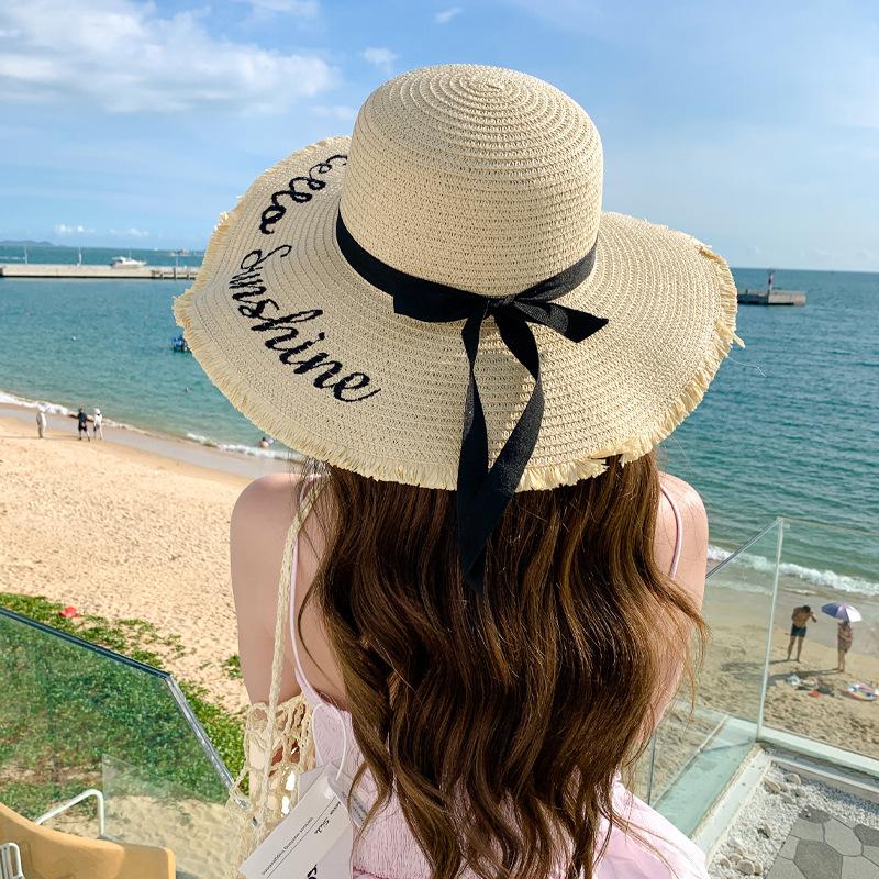Bowknot Strap Decor Sun Hat Simple Letter Wide Brim Straw Hats Summer Sunshade Beach Hats Suitable for Travel, Seaside Vacation