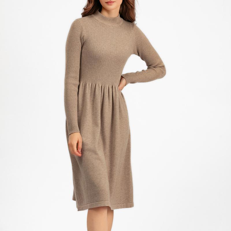 Dámské jarní šik jednobarevné pletené svetrové šaty s polovysokým límcem, polovysoký límec dámské temperament černá modrá khaki meruňková fuchsiová