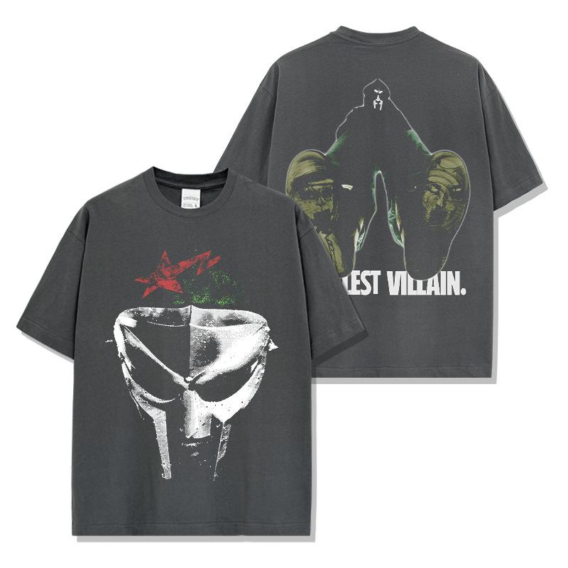 Americké Americké Hip Hopové MF Doom Tištěné Tričko s Krátkým Rukávem Volný Kulatý Výstřih Pánské a Dámské Retro Módní Top s Krátkým Rukávem