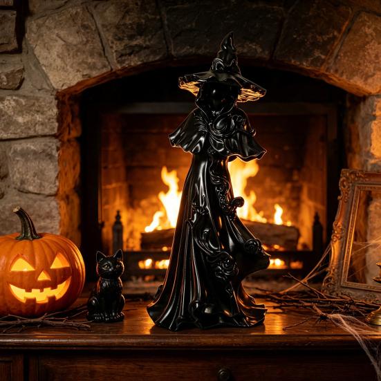 Dark Aesthetic Shelf Ornaments 12 Inch Black Resin Faceless Witch Figurine, Gothic Spooky Robed Statue with Sculpture for Home Pointed Wizard
