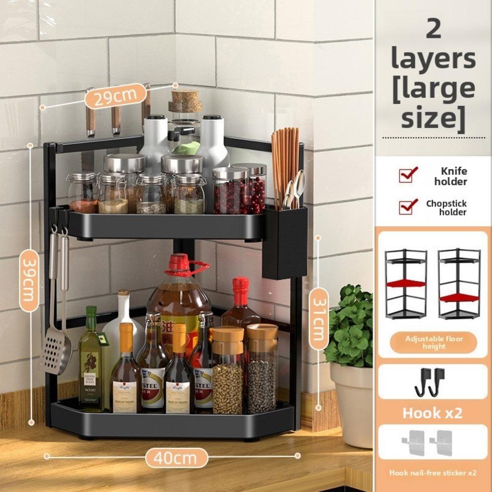 Household 2/3 Layer Condiments Rack Corner Stand with Hooks Seasoning Rack Carbon Steel Storage Rack Kitchen Organizer Supplies