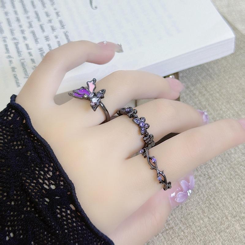 Dark Purple Zircon Liquid Irregular Enamel Butterfly Open Ring Personalized Spice Girl Stacked With Niche Ring Woman