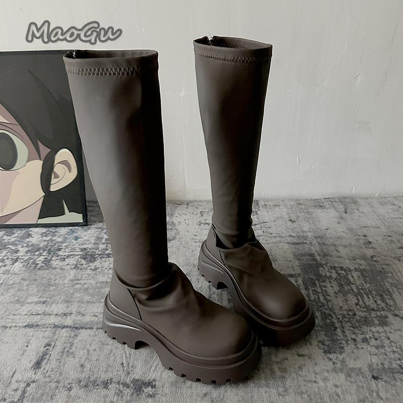 Fashion Thick Bottom Women's Pleated Long Boots Brown Modern Fashion Autumn Knee-High Platform High Boots Botas Mujer Size 35-40 Botas
