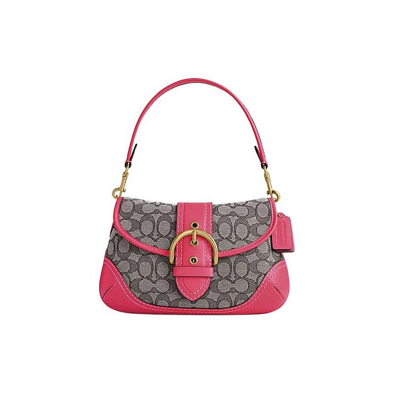 

New COACH Soho Fabric With Leather Crescent Bag Shoulder Bag Women s Strawberry Red & Gray CJ814-B4QDV 26.4*7.6*16.0CM