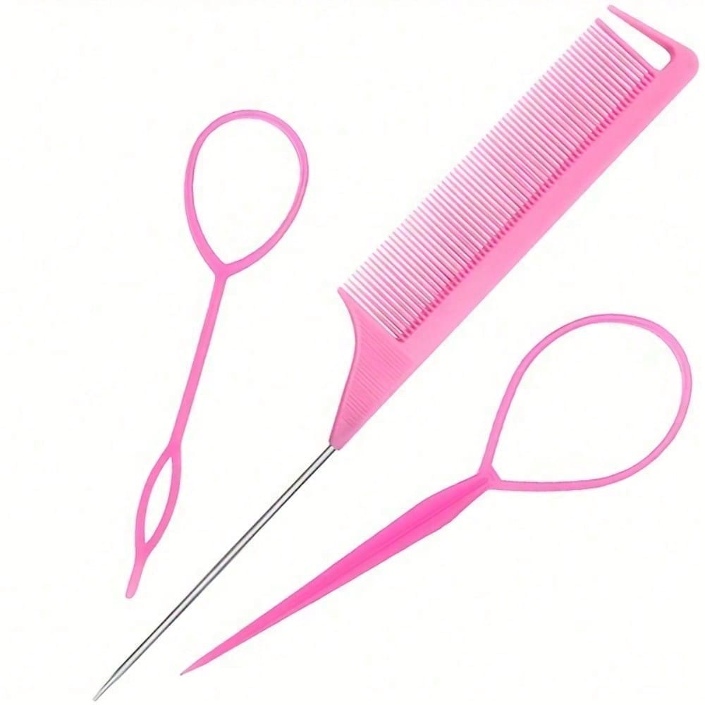 

3pcs Hair Braiding Tool Set, Steel Needle Tip Tail Comb Hair Pulling Needle Hair Puller, Essential Tool for Lazy Hair styling розовый