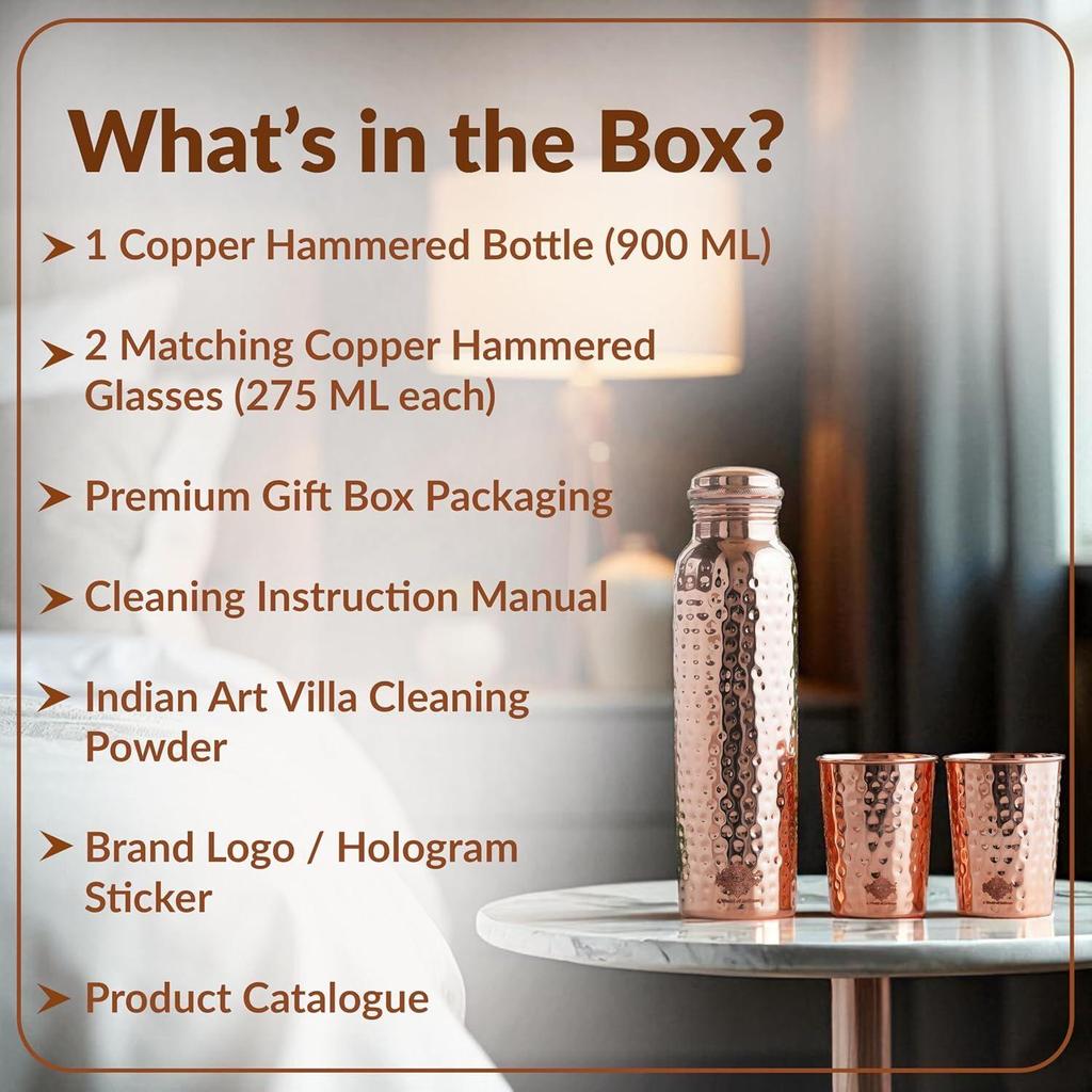 Pure Copper Drinkware Gift Set of Hammered Design 1 Bottle & 2 Glass With Gift Box, Gift Item for Diwali, Bottle-1 Liter & Glass-300 Ml