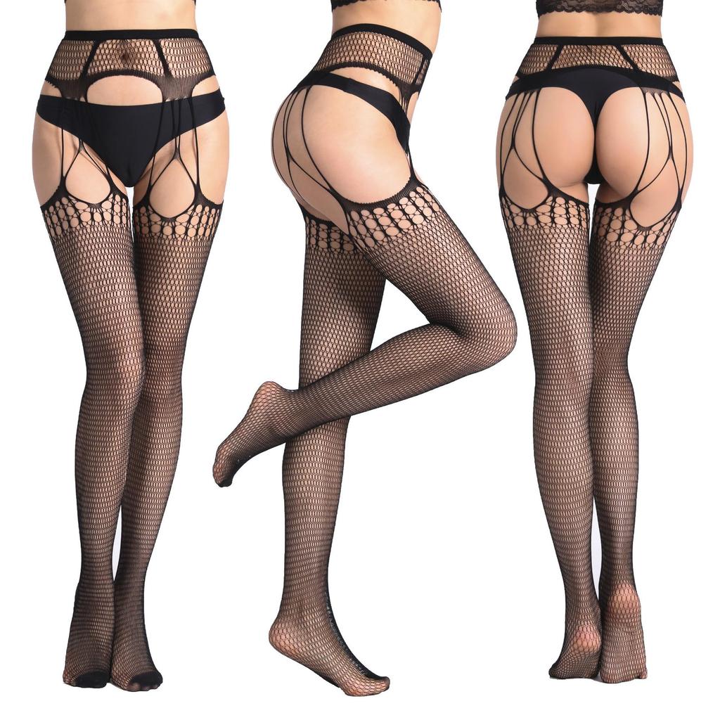 Women's Sexy Fishnet Lingerie: One-Piece Hollow Out Garter Jacquard Leggings Stockings 6057
