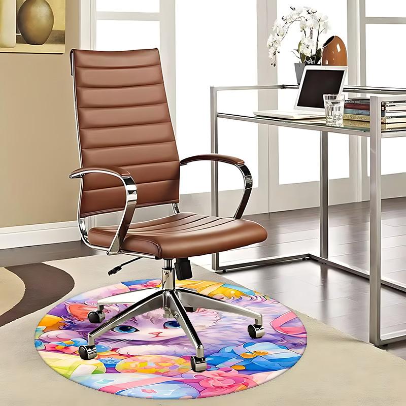 

1pc Anime Design Round Carpet Cute Kitten with Colorful Flowers Chair Mat for Office, Home Decor, Living Room, Bedroom, Game Room, Non Slip Rug 80cm