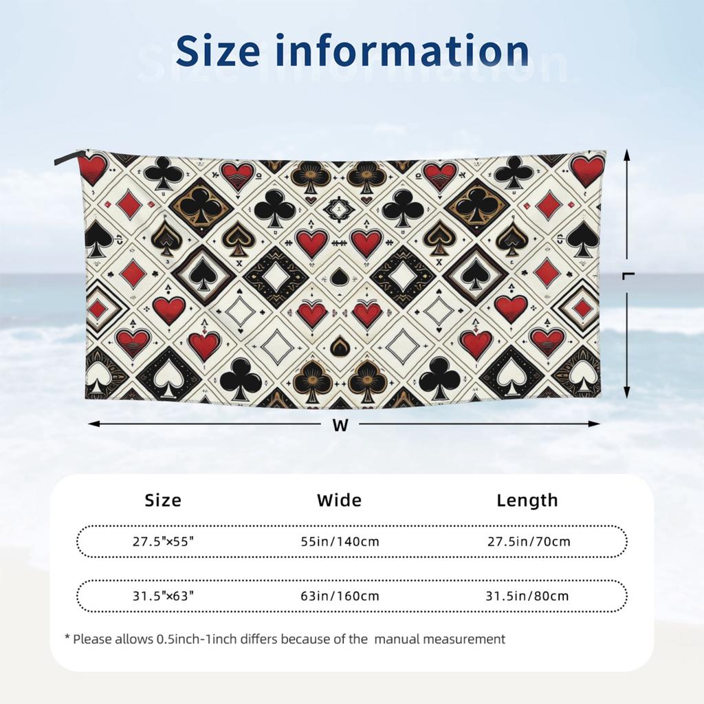 Casino Playing Card Symbols Diamond Heart Spade Clubs Beach Towel Soft Microfiber Quick Dry Absorbent Quick Towels For Bath