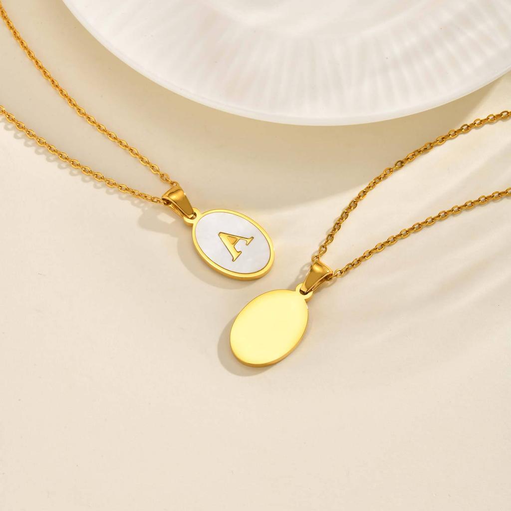 Stainless Steel Oval White Shell 26 Letter Pendant Name Letter Necklace Commemorative Gift Pn-2186