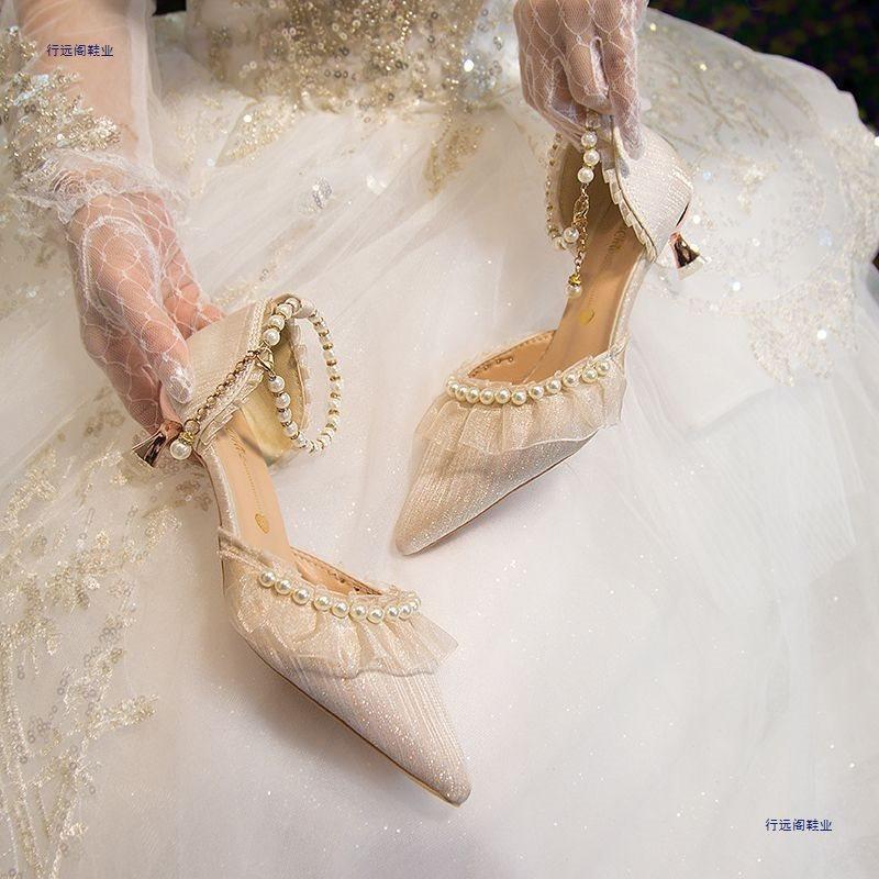 Wedding Shoes High Heels Women's New Summer with Skirt Pointed Low Heels Bridesmaid Sandals Cheongsam Single Shoes Women