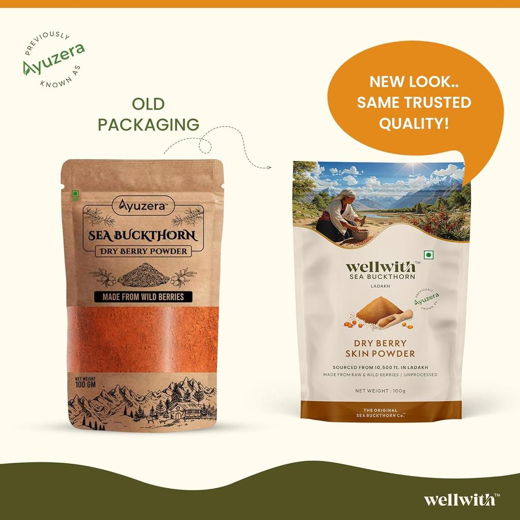 Wellwith By Ayuzera Proszek z Jagód Rokitnika Zwykłego z Himalajów Naturalny Wegański Superfood Bogaty w Omegi Witaminy i Błonnik 100g