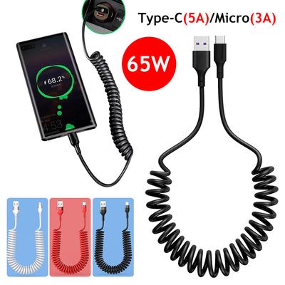 66W 5A USB Type C Data Cable 3A Micro USB Spring Pull Telescopic Fast Charging Cable for Android Phone Accessories Car USB Cable