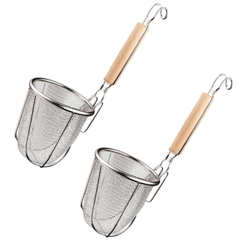 Commercial Ramen Strainer, Ramen Drainer, Kitchen Utensil, Round, Stainless Steel, Wooden Handle, with Hook, Mesh Strainer for Ramen, Ideal for Restau