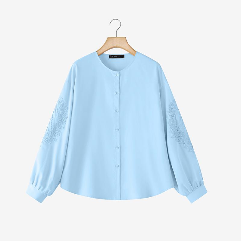 ZANZEA Camicetta casual da donna a maniche lunghe con scollo rotondo e tinta unita