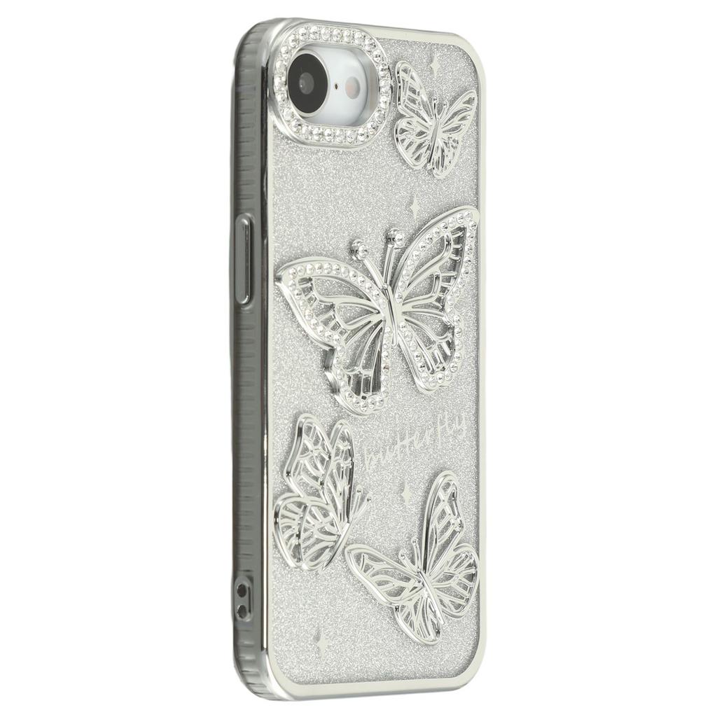 For iPhone 16e Case Rhinestones Decor 3D Butterfly TPU Phone Cover with Glitter Paper