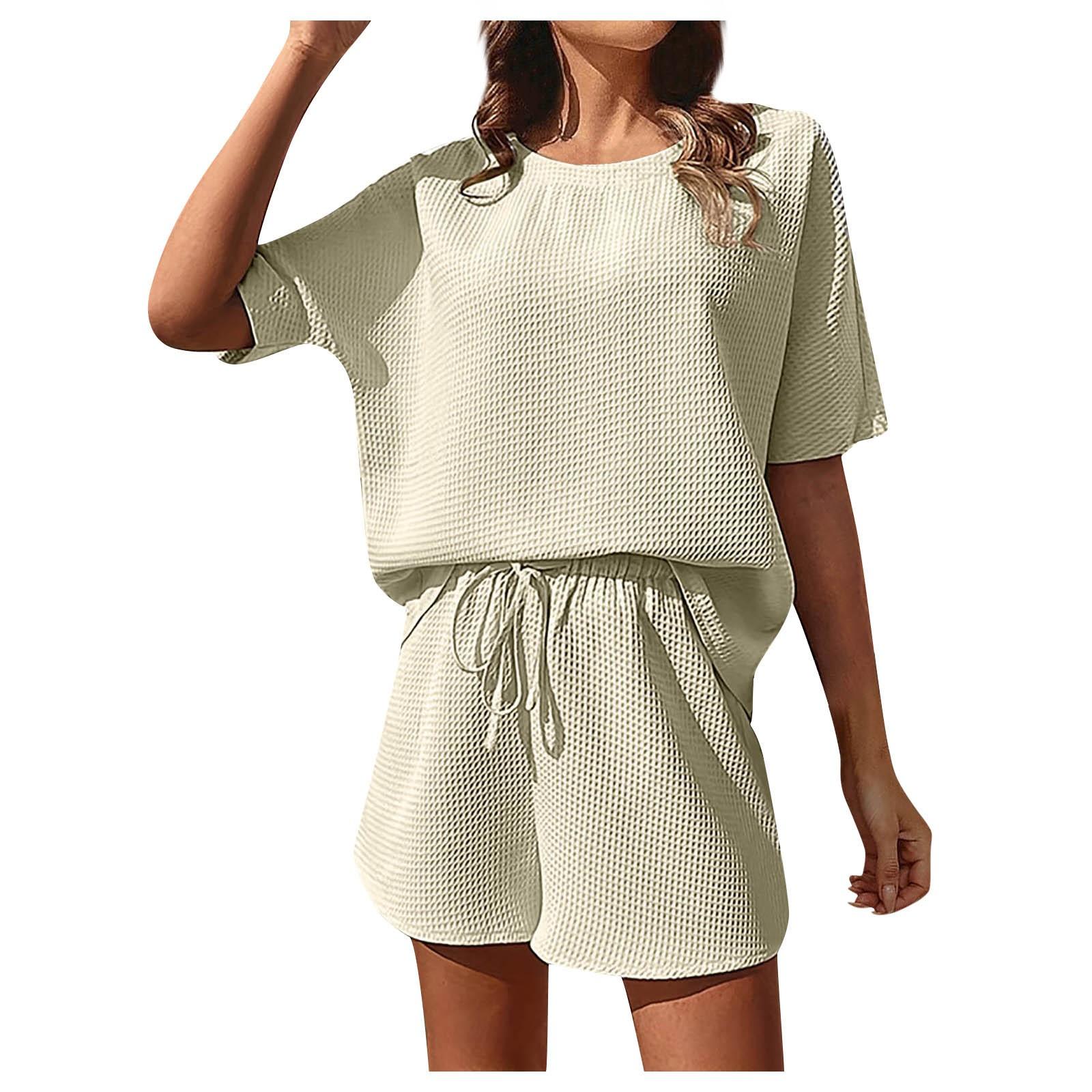 

Женский модный однотонный спортивный комплект из двух предметов на шнуровке L бежевый