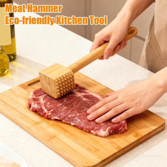 Meat Hammer Double-sided Bamboo Meat Tenderizer And Softener Long Handle Kitchen Tool with Hanging Hole