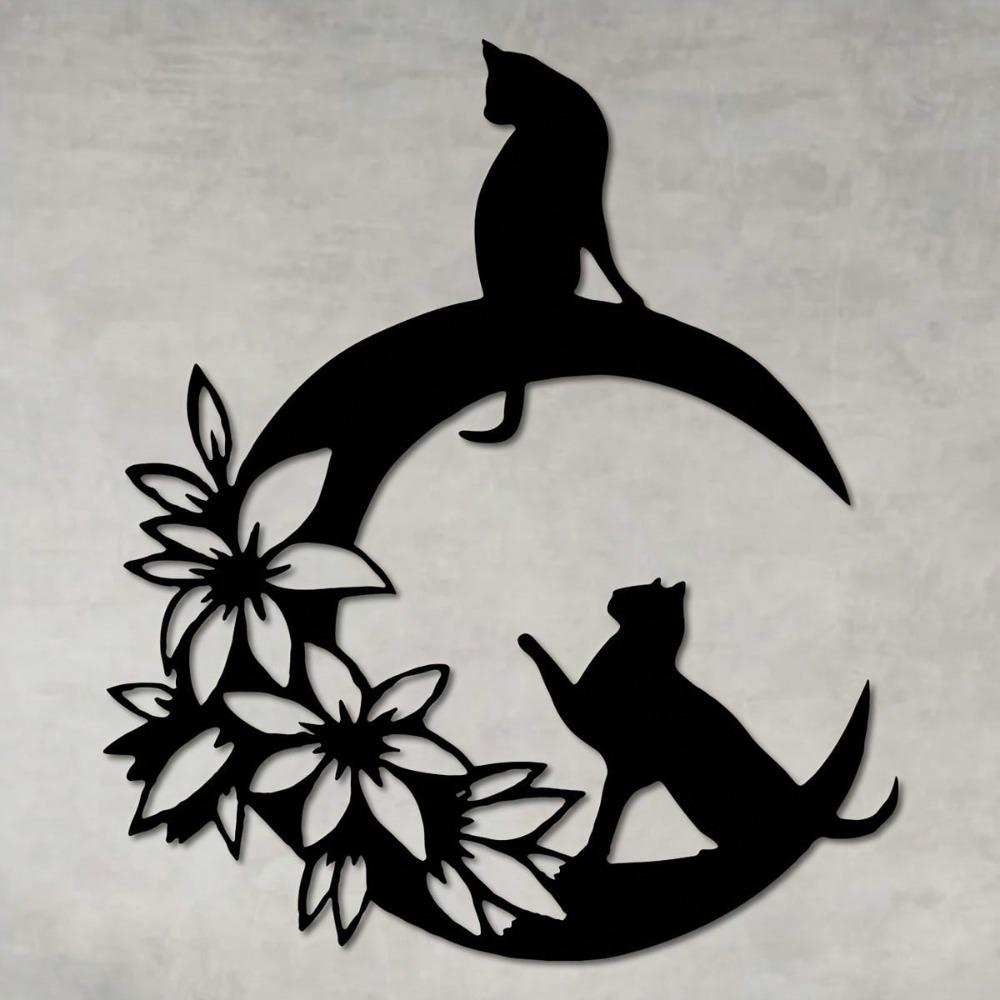 Metal Wall Art Black Cat Crescent Flower Silhouette Durable Indoor Outdoor Home Decor Gift for Cat Lovers