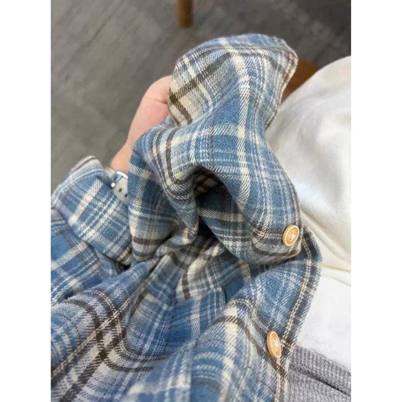 American Vintage Sanding Plaid Shirts Women's Long Sleeve Outerwear 2025 Spring and Autumn Top Blue High-Grade Inner Wear Shirt