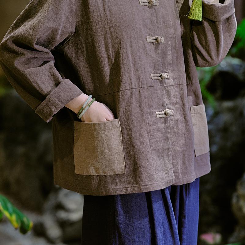 Johnature Frauen Chinesischen Stil Shirts Tops Leinen Patchwork Taschen Frühling Blusen Stehen Lange Ärmel Frauen Shirts