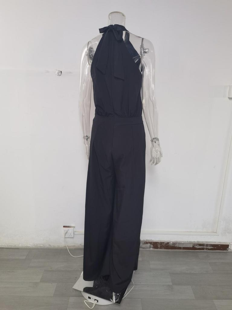 2026 Women's Elegant Waist-Cinching Long Sleeve Halter Jumpsuit with Lace-up and Print