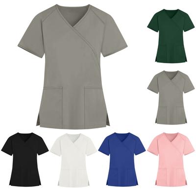 Women's Fashion V-neck Solid Color Short Sleeve Workwear With Pockets  Tops