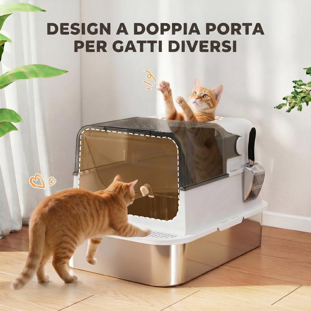 52L Stainless Steel Enclosed Cat Litter Box with Flip Lid, Double Door, Scoop, White